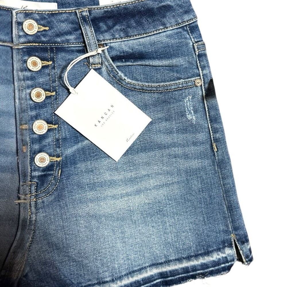 KanCan High Rise Button Fly Denim Shorts Raw Frayed Hem Medium Wash NWT - Picture 10 of 11